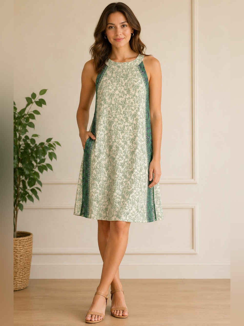 J. Jill Cream and Light Green Printed Midi Dress